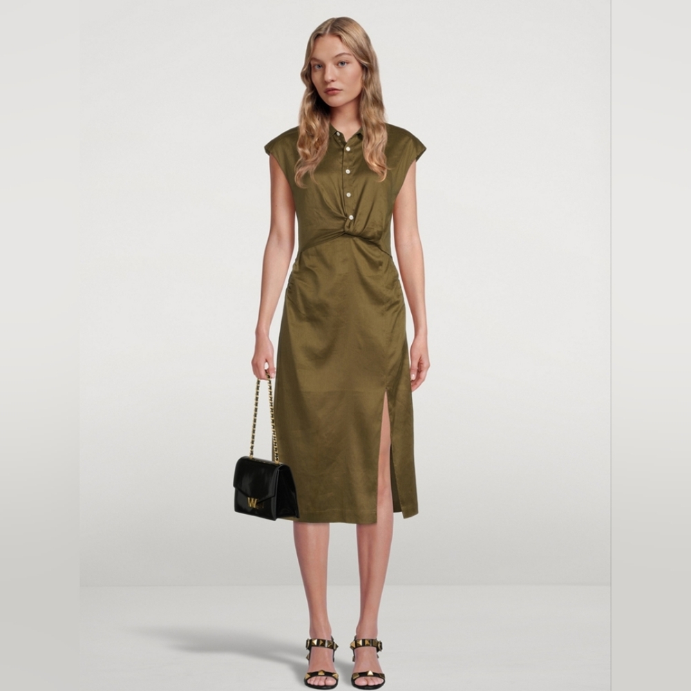 Frame Linen Olive Knot-Front Midi Dress